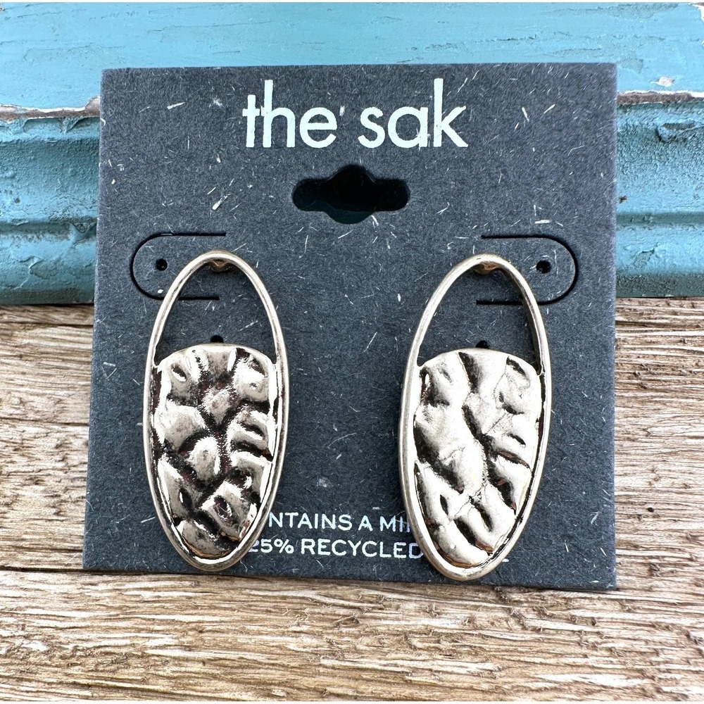 THE SAK Oval Stud Earrings Textured Gold Tone Contains Recycled Materials NEW